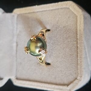 Tahitian Cultured Pearl 11-12, White Zircon Star & Crescent Moon Ring
